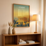 Ladda upp bild till gallerivisning, Athens Vintage Travel Plakat | Vintage Travel Poster | Denne plakat viser Parthenon i Athen, Grækenland, i gyldne nuancer med en gradient baggrund fra teal til gul. Perfekt til rejse- og historiefans.
