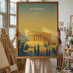 Ladda upp bild till gallerivisning, Athens Vintage Travel Plakat | Vintage Travel Poster | Denne plakat viser Parthenon i Athen, Grækenland, i gyldne nuancer med en gradient baggrund fra teal til gul. Perfekt til rejse- og historiefans.

