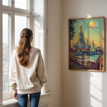 Ladda upp bild till gallerivisning, Bangkok Vintage Travel Plakat | Vintage Travel Poster | Denne plakat viser det ikoniske Wat Arun tempel i Bangkok, Thailand, med en stor sol i baggrunden og frodige grønne træer i forgrunden. Perfekt til rejse- og arkitekturentusiaster.
