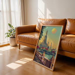 Ladda upp bild till gallerivisning, Bangkok Vintage Travel Plakat | Vintage Travel Poster | Denne plakat viser det ikoniske Wat Arun tempel i Bangkok, Thailand, med en stor sol i baggrunden og frodige grønne træer i forgrunden. Perfekt til rejse- og arkitekturentusiaster.
