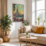 Ladda upp bild till gallerivisning, Bangkok Vintage Travel Plakat | Vintage Travel Poster | Denne plakat viser det ikoniske Wat Arun tempel i Bangkok, Thailand, med en stor sol i baggrunden og frodige grønne træer i forgrunden. Perfekt til rejse- og arkitekturentusiaster.
