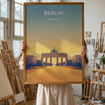 Ladda upp bild till gallerivisning, Berlin Vintage Travel Plakat | Vintage Travel Poster | Denne plakat viser Brandenburger Tor i Berlin, Tyskland, med en gradient baggrund fra blå til gul. Perfekt til rejse- og kulturentusiaster.
