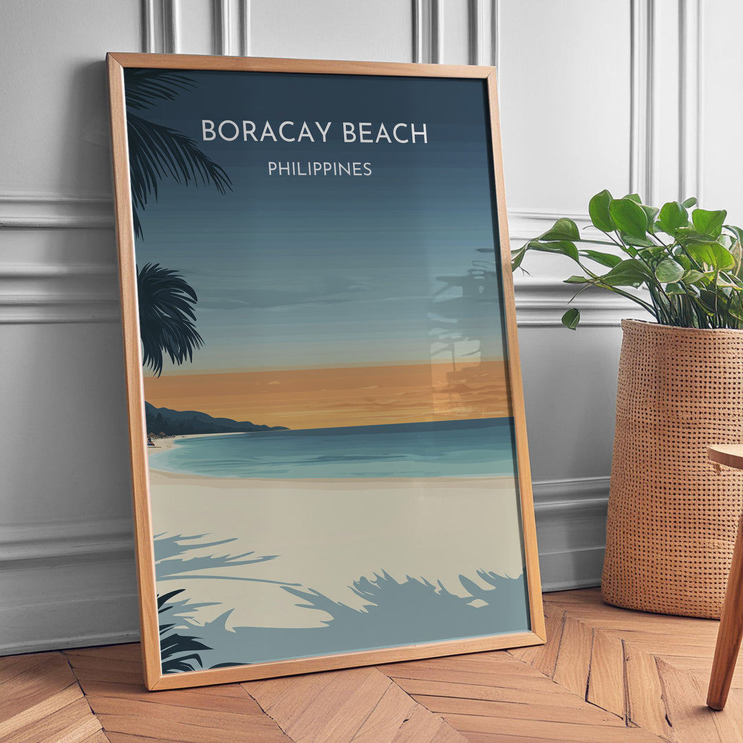 Boracay Beach Vintage Travel Plakat | Vintage Travel Poster | Denne plakat viser Boracay Beach med hvidt sand, roligt blåt vand og en gradienthimmel. Silhuetter af palmer i forgrunden. Perfekt til dem, der elsker tropiske strande.