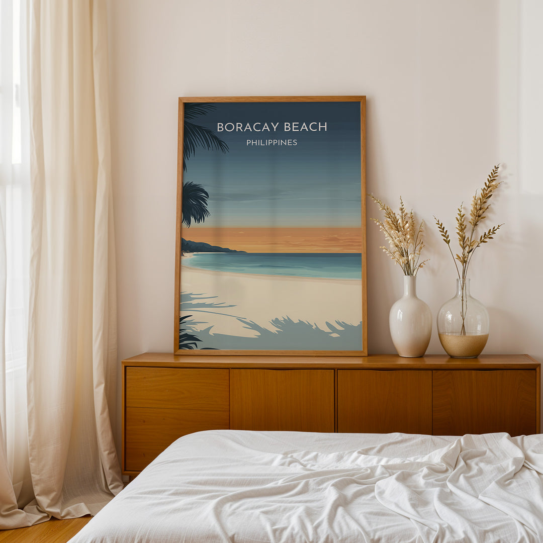 Boracay Beach Vintage Travel Plakat | Vintage Travel Poster | Denne plakat viser Boracay Beach med hvidt sand, roligt blåt vand og en gradienthimmel. Silhuetter af palmer i forgrunden. Perfekt til dem, der elsker tropiske strande.