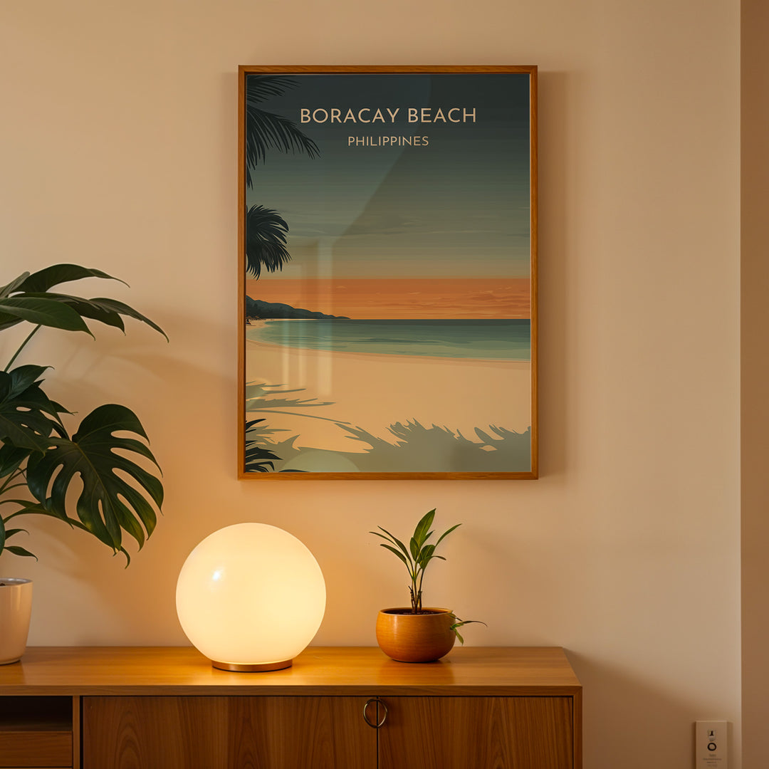 Boracay Beach Vintage Travel Plakat | Vintage Travel Poster | Denne plakat viser Boracay Beach med hvidt sand, roligt blåt vand og en gradienthimmel. Silhuetter af palmer i forgrunden. Perfekt til dem, der elsker tropiske strande.