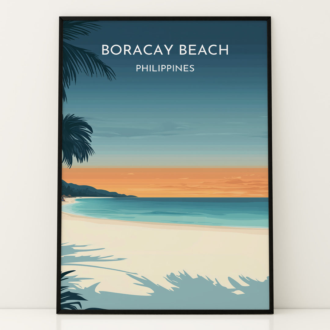 Boracay Beach Vintage Travel Plakat | Vintage Travel Poster | Denne plakat viser Boracay Beach med hvidt sand, roligt blåt vand og en gradienthimmel. Silhuetter af palmer i forgrunden. Perfekt til dem, der elsker tropiske strande.