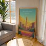 Ladda upp bild till gallerivisning, Buenos Aires Vintage Travel Plakat | Vintage Travel Poster | Denne plakat viser en illustration af et monument i Buenos Aires omgivet af moderne bygninger. Farverne går fra turkis til orange og gul, som skaber en livlig atmosfære.
