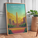 Ladda upp bild till gallerivisning, Buenos Aires Vintage Travel Plakat | Vintage Travel Poster | Denne plakat viser en illustration af et monument i Buenos Aires omgivet af moderne bygninger. Farverne går fra turkis til orange og gul, som skaber en livlig atmosfære.
