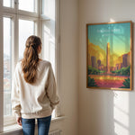 Ladda upp bild till gallerivisning, Buenos Aires Vintage Travel Plakat | Vintage Travel Poster | Denne plakat viser en illustration af et monument i Buenos Aires omgivet af moderne bygninger. Farverne går fra turkis til orange og gul, som skaber en livlig atmosfære.
