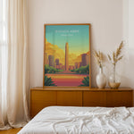 Ladda upp bild till gallerivisning, Buenos Aires Vintage Travel Plakat | Vintage Travel Poster | Denne plakat viser en illustration af et monument i Buenos Aires omgivet af moderne bygninger. Farverne går fra turkis til orange og gul, som skaber en livlig atmosfære.
