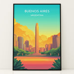 Ladda upp bild till gallerivisning, Buenos Aires Vintage Travel Plakat | Vintage Travel Poster | Denne plakat viser en illustration af et monument i Buenos Aires omgivet af moderne bygninger. Farverne går fra turkis til orange og gul, som skaber en livlig atmosfære.
