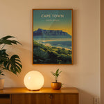 Ladda upp bild till gallerivisning, Cape Town Vintage Travel Plakat | Vintage Travel Poster | Denne plakat viser Cape Town med Table Mountain, byens skyline og en kystlinje med frodig grønt. Perfekt til rejse- og naturentusiaster.

