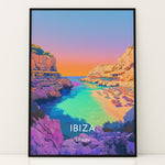 Ladda upp bild till gallerivisning, Ibiza Vintage Travel Plakat | Vintage Travel Poster | Denne plakat viser en malerisk strand på Ibiza med turkisfarvet vand og en farverig himmel. Perfekt til rejse- og strandelskere.
