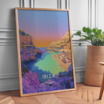 Ladda upp bild till gallerivisning, Ibiza Vintage Travel Plakat | Vintage Travel Poster | Denne plakat viser en malerisk strand på Ibiza med turkisfarvet vand og en farverig himmel. Perfekt til rejse- og strandelskere.
