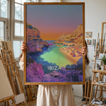 Ladda upp bild till gallerivisning, Ibiza Vintage Travel Plakat | Vintage Travel Poster | Denne plakat viser en malerisk strand på Ibiza med turkisfarvet vand og en farverig himmel. Perfekt til rejse- og strandelskere.
