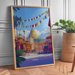 Ladda upp bild till gallerivisning, Kathmandu Vintage Travel Plakat | Vintage Travel Poster | Denne plakat viser en gylden stupa omgivet af traditionel nepalesisk arkitektur og farverige bedeflag, med sneklædte bjerge i baggrunden.

