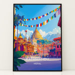 Ladda upp bild till gallerivisning, Kathmandu Vintage Travel Plakat | Vintage Travel Poster | Denne plakat viser en gylden stupa omgivet af traditionel nepalesisk arkitektur og farverige bedeflag, med sneklædte bjerge i baggrunden.
