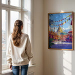 Ladda upp bild till gallerivisning, Kathmandu Vintage Travel Plakat | Vintage Travel Poster | Denne plakat viser en gylden stupa omgivet af traditionel nepalesisk arkitektur og farverige bedeflag, med sneklædte bjerge i baggrunden.

