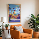 Ladda upp bild till gallerivisning, Kathmandu Vintage Travel Plakat | Vintage Travel Poster | Denne plakat viser en gylden stupa omgivet af traditionel nepalesisk arkitektur og farverige bedeflag, med sneklædte bjerge i baggrunden.
