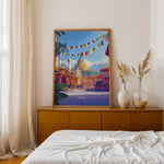 Ladda upp bild till gallerivisning, Kathmandu Vintage Travel Plakat | Vintage Travel Poster | Denne plakat viser en gylden stupa omgivet af traditionel nepalesisk arkitektur og farverige bedeflag, med sneklædte bjerge i baggrunden.
