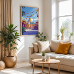 Ladda upp bild till gallerivisning, Kathmandu Vintage Travel Plakat | Vintage Travel Poster | Denne plakat viser en gylden stupa omgivet af traditionel nepalesisk arkitektur og farverige bedeflag, med sneklædte bjerge i baggrunden.
