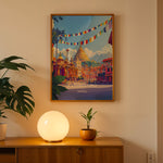 Ladda upp bild till gallerivisning, Kathmandu Vintage Travel Plakat | Vintage Travel Poster | Denne plakat viser en gylden stupa omgivet af traditionel nepalesisk arkitektur og farverige bedeflag, med sneklædte bjerge i baggrunden.
