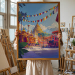 Ladda upp bild till gallerivisning, Kathmandu Vintage Travel Plakat | Vintage Travel Poster | Denne plakat viser en gylden stupa omgivet af traditionel nepalesisk arkitektur og farverige bedeflag, med sneklædte bjerge i baggrunden.
