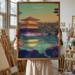 Ladda upp bild till gallerivisning, Kinkaku-ji Vintage Travel Plakat | Vintage Travel Poster | Denne plakat viser Den Gyldne Pavillon i Kyoto, Japan, med sin gyldne facade, omgivet af frodig natur og en rolig vandflade.
