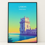 Ladda upp bild till gallerivisning, Lissabon Vintage Travel Plakat | Vintage Travel Poster | Denne plakat viser et historisk tårn ved vandet i Lissabon, Portugal, i en farverig og stiliseret illustration.
