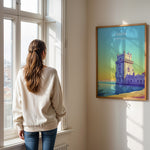 Ladda upp bild till gallerivisning, Lissabon Vintage Travel Plakat | Vintage Travel Poster | Denne plakat viser et historisk tårn ved vandet i Lissabon, Portugal, i en farverig og stiliseret illustration.
