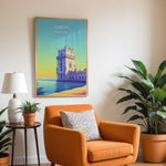 Ladda upp bild till gallerivisning, Lissabon Vintage Travel Plakat | Vintage Travel Poster | Denne plakat viser et historisk tårn ved vandet i Lissabon, Portugal, i en farverig og stiliseret illustration.
