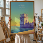 Ladda upp bild till gallerivisning, Lissabon Vintage Travel Plakat | Vintage Travel Poster | Denne plakat viser et historisk tårn ved vandet i Lissabon, Portugal, i en farverig og stiliseret illustration.
