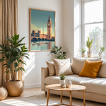 Ladda upp bild till gallerivisning, London Vintage Travel Plakat | Vintage Travel Poster | Denne plakat viser en stiliseret illustration af Big Ben og Parlamentsbygningerne i London, England, med deres refleksion i vandet nedenfor. Perfekt til rejse- og arkitekturentusiaster.
