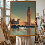Ladda upp bild till gallerivisning, London Vintage Travel Plakat | Vintage Travel Poster | Denne plakat viser en stiliseret illustration af Big Ben og Parlamentsbygningerne i London, England, med deres refleksion i vandet nedenfor. Perfekt til rejse- og arkitekturentusiaster.
