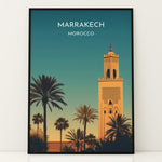 Ladda upp bild till gallerivisning, Marrakech Vintage Travel Plakat | Vintage Travel Poster | Denne plakat viser en stiliseret illustration af Marrakech med en høj minaret og palmetræer mod en gradienthimmel.
