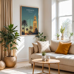 Ladda upp bild till gallerivisning, Marrakech Vintage Travel Plakat | Vintage Travel Poster | Denne plakat viser en stiliseret illustration af Marrakech med en høj minaret og palmetræer mod en gradienthimmel.
