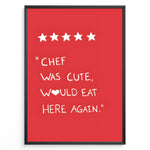 Ladda upp bild till gallerivisning, Red wall art with five stars and the funny quote “Chef was cute, would eat here again” — humorous kitchen décor print.
