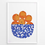 Ladda upp bild till gallerivisning, Abstract art print of a blue patterned bowl filled with oranges — modern minimalist kitchen wall décor.
