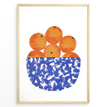 Ladda upp bild till gallerivisning, Abstract art print of a blue patterned bowl filled with oranges — modern minimalist kitchen wall décor.
