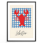 Ladda upp bild till gallerivisning, Red lobster illustration on a blue grid background with the word “Lobster” — coastal nautical kitchen wall art.
