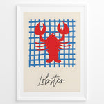 Ladda upp bild till gallerivisning, Red lobster illustration on a blue grid background with the word “Lobster” — coastal nautical kitchen wall art.
