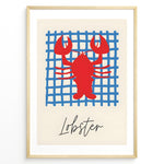 Ladda upp bild till gallerivisning, Red lobster illustration on a blue grid background with the word “Lobster” — coastal nautical kitchen wall art.
