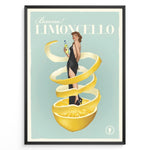 Ladda upp bild till gallerivisning, Vintage Limoncello poster featuring a woman in a black dress wrapped in lemon peel holding a bottle of Limoncello on a pastel background.
