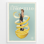 Ladda upp bild till gallerivisning, Vintage Limoncello poster featuring a woman in a black dress wrapped in lemon peel holding a bottle of Limoncello on a pastel background.
