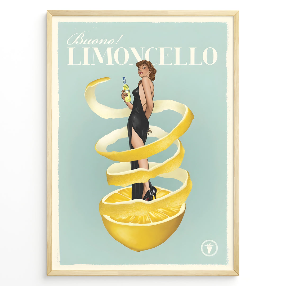 Vintage Limoncello poster featuring a woman in a black dress wrapped in lemon peel holding a bottle of Limoncello on a pastel background.