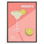 Ladda upp bild till gallerivisning, Modern Margarita cocktail poster with lime garnish and recipe text on a pink background, framed for kitchen or bar wall décor.
