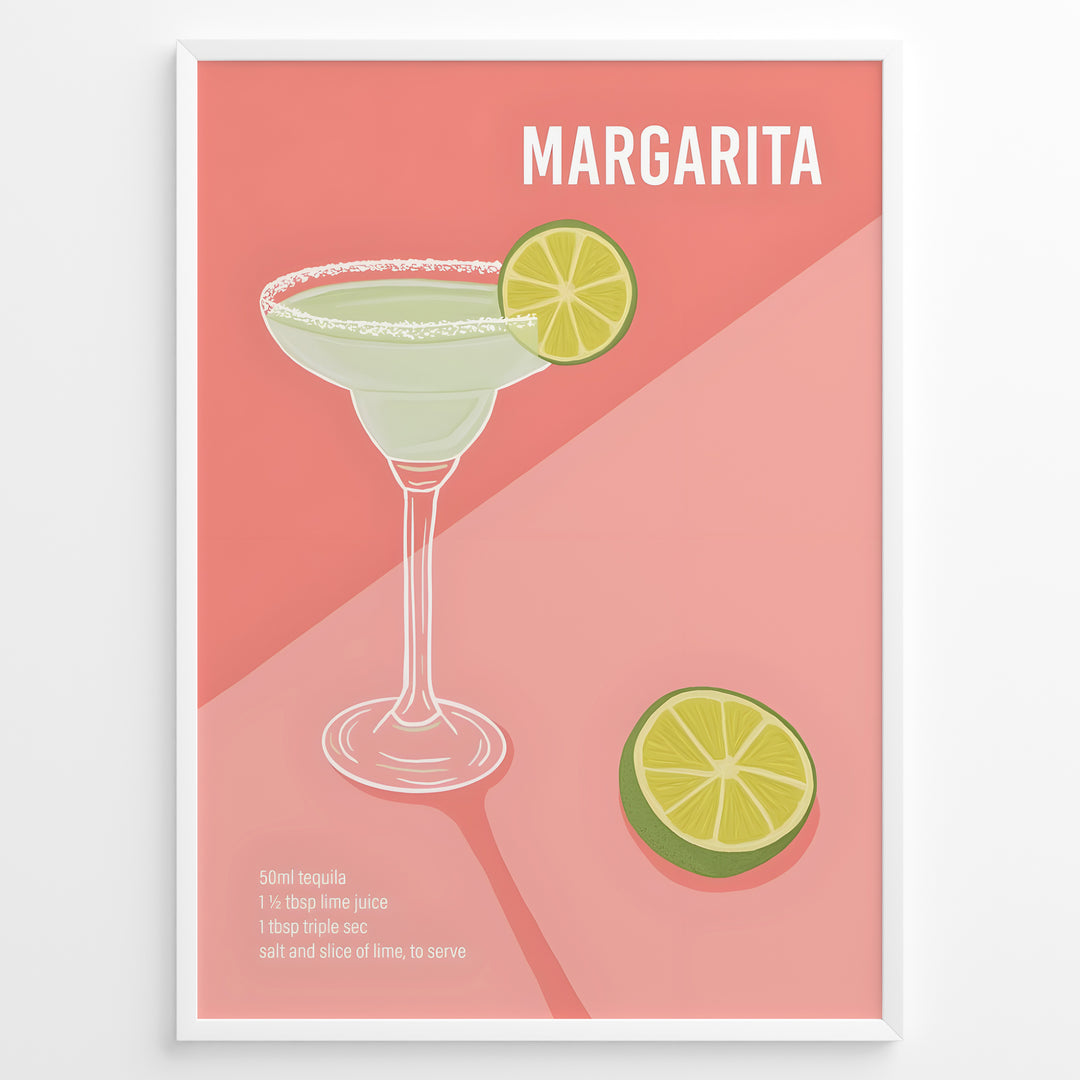 Modern Margarita cocktail poster with lime garnish and recipe text on a pink background, framed for kitchen or bar wall décor.