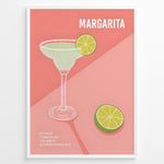 Ladda upp bild till gallerivisning, Modern Margarita cocktail poster with lime garnish and recipe text on a pink background, framed for kitchen or bar wall décor.
