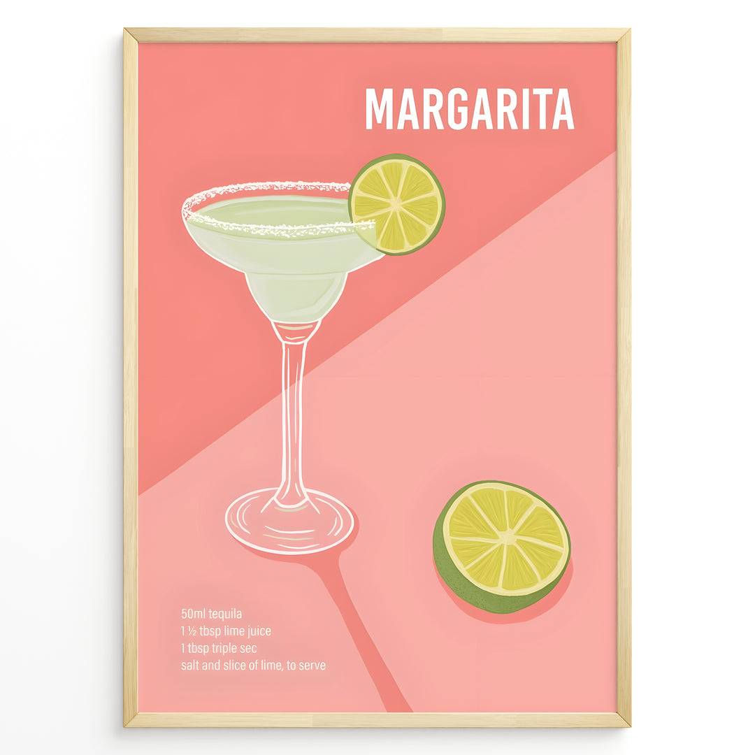 Modern Margarita cocktail poster with lime garnish and recipe text on a pink background, framed for kitchen or bar wall décor.