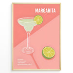 Ladda upp bild till gallerivisning, Modern Margarita cocktail poster with lime garnish and recipe text on a pink background, framed for kitchen or bar wall décor.
